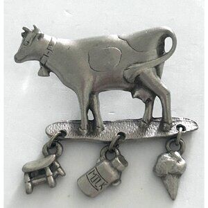 Vintage Pewter Cow Dairy Dangle Brooch Pin LCD Lindsey Claire Design 90's